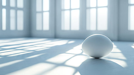 Light gray egg positioned on a light-colored floor inside a room with many windows.  Soft sunlight casts shadows on the floor. The image conveys a sense of calm and simplicity. The scene is devoid of any distracting elements, highlighting the form and light in a modern minimalist style.の素材
