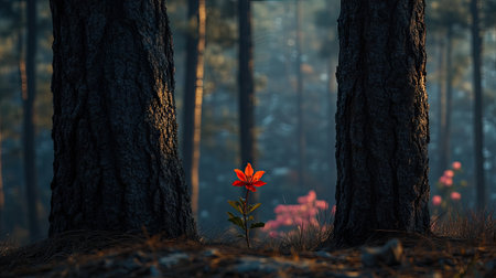 Orange blossom stands out against the dark, textured bark of trees in a serene forest. The image's focus is on the single bloom, surrounded by the deep, shadowy environment.の素材