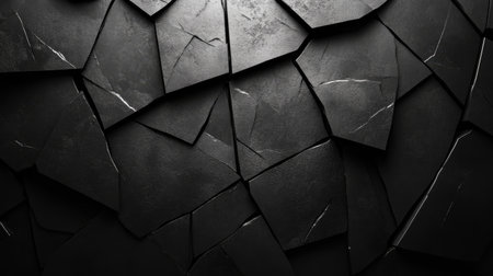 Close-up image of a dark, fragmented rock texture. The texture is composed of irregular, polygon-shaped pieces that appear to be broken and layered together. The colors are primarily shades of dark gray and black.の素材