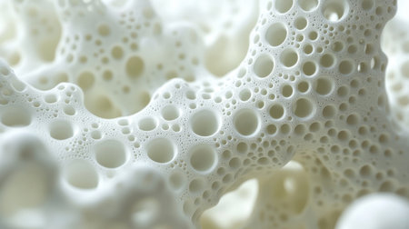 Close-up view of a complex, abstract pattern composed of interconnected, porous shapes.  The design is characterized by numerous small, circular voids that create a textured surface. The overall aesthetic is light and airy.  The forms have a slightly organic appearance, resembling a network of bubbles or cells.の素材