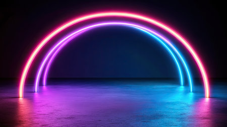 Two vibrant neon light arches of pink and blue hues form a dynamic archway.  The arches are positioned over a dark, reflective concrete floor, creating a captivating futuristic scene. The scene is dark with only the neon light visible.の素材