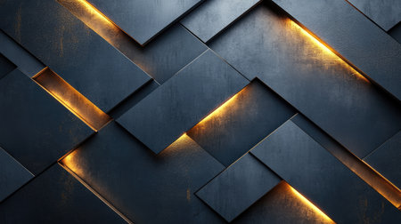 Dark geometric wall panel design with warm light accents, showcasing an intricate pattern of interlocking squares and rectangles. The panels appear to be made of a metallic material with a textured surface.  Warm golden light is embedded within channels of the panels, creating a dynamic visual effect.の素材