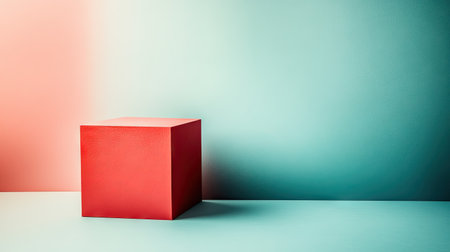 Vibrant red cube sits on a light teal and blush background. The backdrop transitions smoothly from a muted pink to a soft teal, creating a soft color gradient effect. The image is perfect for showcasing products or for use in design projects.の素材