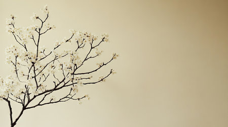 Blossoming tree with its delicate branches and white flowers displayed against a muted, pale beige background. The image focuses on the contrast between the organic shapes of the blossoms and branches, and the simplicity of the background. The soft lighting and overall composition create a serene and tranquil aesthetic.の素材
