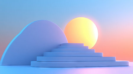 Vibrant, minimalist 3D illustration of pastel-colored steps leading towards a soft-yellow sun against a light-blue and light-orange backdrop.  The scene features geometric shapes and a soft color gradient.の素材