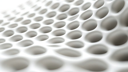 Close-up view of a repeating pattern of circular holes and ridges in a smooth white surface. The pattern creates a three-dimensional effect.  The image shows a detailed view of the texture and pattern.の素材