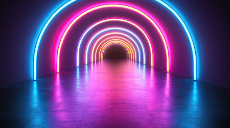 Empty, futuristic hallway or tunnel.  The walls and floor are brightly lit with neon lights in various colors.  The light reflects brightly on the polished floor.  The arching neon lights create a striking visual effect.の素材