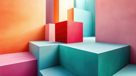 Vibrant abstract design featuring a collection of multi-colored geometric shapes, which are cubes, arranged in a visually interesting pattern, creating a sense of depth and perspective.  The vivid colors and geometric forms make it suitable for use as a background for products or other visual displays.の素材