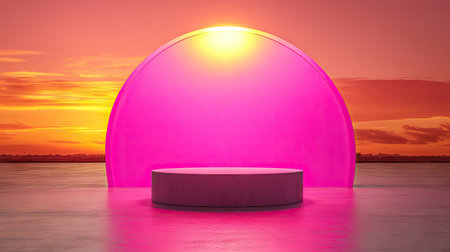 Round, light-pink pedestal, positioned centrally against a vibrant pink backdrop. The background features a sunset over a calm body of water. The overall style is contemporary and minimalist. The image evokes a sense of calm and modern design.の素材