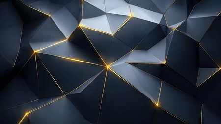 Dark abstract design featuring a complex pattern of interconnected triangular shapes with golden lines highlighting the edges and creating a sense of depth and dimension.  The shapes are geometric and create an interesting texture and visual composition.の素材