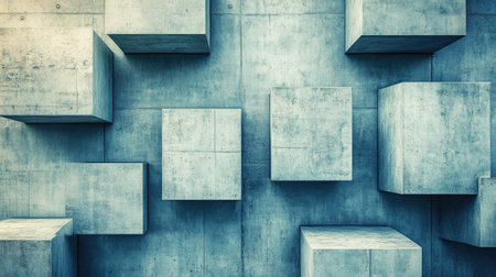 Image featuring a pattern of various sized, interlocking concrete blocks, arranged in a complex geometric structure. The blocks exhibit a muted, grayish-blue tone and a rough, textured surface, suggesting a weathered or aged finish. The image offers a close-up perspective, emphasizing the shapes, textures, and spatial relationships of the elements.の素材