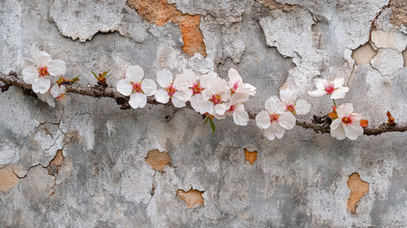 Close-up view of a flowering branch with small, delicate white blossoms, adorned with pink centers, clinging to a weathered gray concrete wall.  The wall exhibits various textures and cracks, adding a unique depth and contrast to the image.の素材
