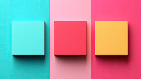 Graphic design featuring three differently colored square boxes, positioned on a patterned background. Each box is a solid color, placed in a way to show the pattern beneath. The colors of the boxes and the background create a visually appealing composition.の素材