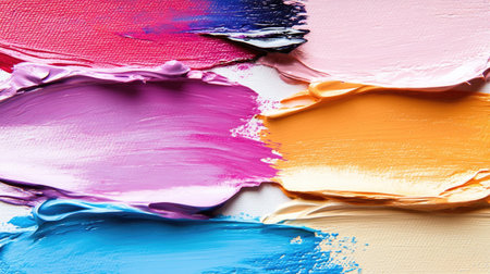Close-up view of colorful paint strokes, likely oil or acrylic,  applied with a visible impasto technique, exhibiting various shades and hues. The brushstrokes and colors blend, creating an abstract and textured design.  The colors range from vibrant reds, pinks, and purples to oranges, yellows, and blues, making for a dynamic and visually appealing image.の素材