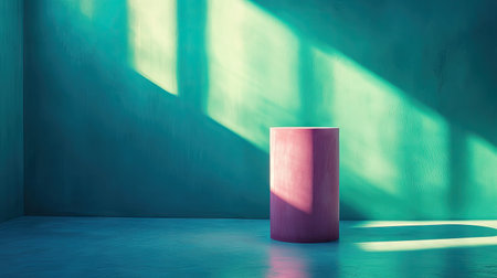 Empty cylindrical pedestal stands in a teal colored room, illuminated by sunlight streaming through a window. The walls and floor are a light teal color, and the cylinder is a muted, light-pink shade.  Shadows are cast across the walls and floor, creating a sense of depth and dimension.の素材