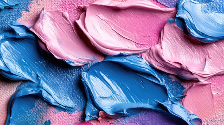 High-resolution image showcasing a close-up of an art piece.  The image captures the interplay of various shades of pink and blue in an impasto style. Paint is applied in thick layers, emphasizing texture and creating an abstract pattern. The colors are vibrant and dynamic, drawing the viewer's attention to the artistic expression.の素材