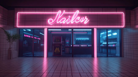 Store front with pink and blue neon lights, situated on a tiled ground, in a retro-style. The building is designed with a modern architectural approach. The store's interior is visible through glass doors, and the entire scene exudes a captivating ambiance.の素材