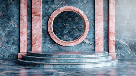 Round archway and a tiered platform are shown against a marbled wall.  The platform features a series of steps that create a circular podium.  The interior's decor includes columns and trim that contrast with the marbled backdrop.の素材