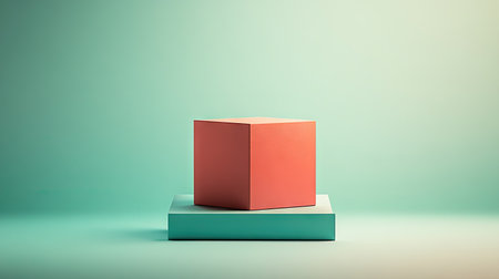 Shot featuring two stacked cubes, one coral and one teal, against a mint-green backdrop. The cubes are positioned centrally in the image, creating a simple and clean aesthetic. The lighting is even, highlighting the forms and colors.の素材