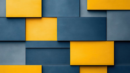 Graphic design featuring a repeating pattern of overlapping squares in shades of vibrant yellow and deep navy blue. The squares create a visually engaging, three-dimensional effect. The arrangement of the squares produces a sense of depth and movement. The use of color and geometric shapes creates a visually arresting abstract pattern.の素材