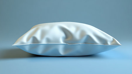 Light gray pillow, with soft folds and a smooth texture, is presented on a light blue surface, demonstrating the design and texture details of the pillow.の素材