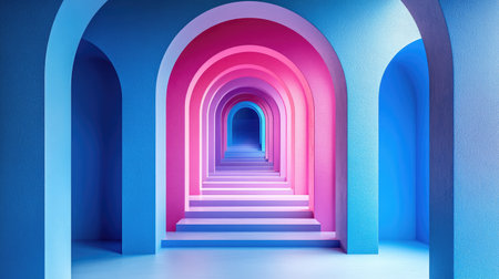 Vibrant, multicolored archway tunnel with a gradient of pink and blue hues.  The perspective creates a sense of depth and leads the viewer into a colorful interior space with multiple arches and steps. The walls and arches are textured.の素材