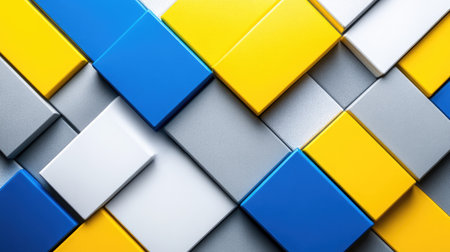 Graphic design composed of various vibrant colors of squares, arranged in an abstract pattern that is geometric. The squares are rectangular and different shades of yellow, blue, gray, and white.  The pattern and arrangement of the squares create a three-dimensional effect.の素材