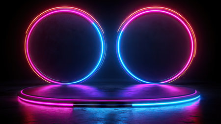 Circular neon display podium with vibrant pink and blue lighting against a dark background. The podium is situated on a textured, dark floor.の素材