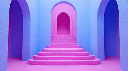 Vibrant interior scene featuring a central staircase with pink steps leading upwards, flanked by walls of a light blue and pink. Archways are present at either end. The scene is empty, with a bright, minimalist aesthetic.の素材