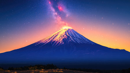 Breathtaking view of a majestic mountain peak against a vibrant night sky, featuring the milky way and a dramatic sunset-like glow. The mountain is covered in snow, and there's an eruption at its peak.  The colors of the sky range from deep blues and purples to warm oranges and pinks.の素材