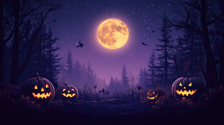 Serene Halloween scene, set at night in a mystical forest with glowing jack-o'-lanterns and a large, orange moon. The silhouettes of trees and bushes add to the mysterious ambiance.の素材