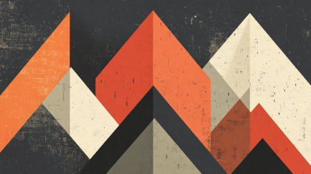 Repeating pattern of overlapping, geometric shapes in varying shades of orange, red, beige, gray, and black. The shapes are arranged in a way that creates a sense of depth and dimension. The design also includes a noticeable textural effect.の素材