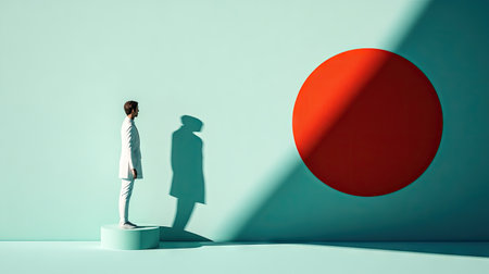 Person in white clothing stands on a pedestal against a teal wall, casting a shadow, and facing a large red circle. The image uses minimalist design and a bright light source.の素材