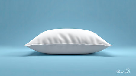 Side profile view of a simple white pillow set against a light blue backdrop. The pillow appears to be a standard rectangular shape with a subtle texture, and highlights the smooth, matte surface. The background is a solid pastel light blue, creating a clean and simple visual element. The image is a product photograph.の素材