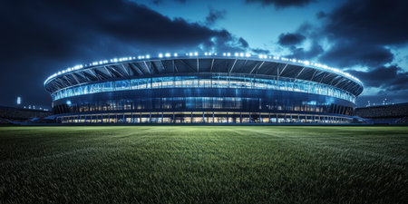 A modern circular stadium exterior, with a steel and glass facade, at night with the lights on inside the building. This is an architectural rendering, with a grass field in front of it. This is a photorealistic, highly detailed architectural photograph. --ar 2:1 --v 6.1 Job ID: d2470095-7e89-4be6-9696-456e341fcd3bの素材