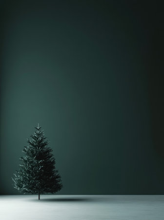 Minimalist, modern digital art of a Christmas tree on a dark green background, with glowing light coming from the top left corner. The floor is light gray, and there is nothing else in the frame except for the one Christmas tree. It feels very minimalistic and clean. --ar 29:39 --v 6.1 Job ID: 039768e9-36af-4182-b318-477937a65471の素材