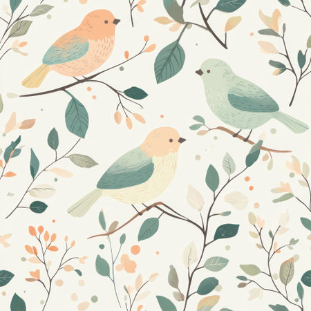 A seamless pattern with pastel birds, their colors blending seamlessly into the background, surrounded by delicate floral elements and leaves in soft hues of green and peach on a white background, evoking an atmosphere of springtime tranquility. This is a vector illustration, featuring a flat design, vector art, and a pastel palette with no shadows or gradients. --v 6.1 Job ID: 77906b7a-3e5a-47c2-be29-c0326d5e9618の素材
