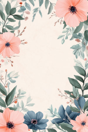 A beautiful boho vector art illustration with a floral border on a cream background. The flowers are pastel pink and blue with green leaves, in a watercolor clipart style. The image has high resolution and no text in the middle of the frame, leaving a blank center for writing. The colors are muted and the level of detail is high. --ar 2:3 --v 6.1 Job ID: 34fd6d9d-ef4f-4ebd-9dd7-c0b28ee997daの素材