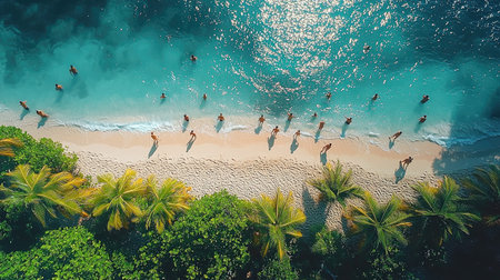 An aerial view of a beautiful beach with white sand and palm trees in the Caribbean Sea. The turquoise water is calm, and there are visible coral reefs on the bottom left side of the frame. The sun shines brightly over the scene, captured by a drone shot with a photorealistic style. --chaos 30 --ar 16:9 --quality 2 --stylize 500 --v 6.1 Job ID: c80aad89-6211-42af-941e-98bd820cf202の素材