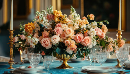 A beautifully arranged floral centerpiece adorns the center of an elegant dining table, adding charm and romance to the wedding accessories in a grand ballroom setting. --ar 53:30 --v 6.1 Job ID: ee9aeba8-af8c-4ef7-87b3-9022a35abe59の素材