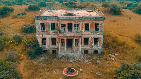 Aerial view of an abandoned castle in the hills near Beneventano, Italy with some ruins and a small bonfire outside. The house is made out of old stone bricks and has large windows. There are grassy fields surrounding it, and there is one big round fire pit on top of its roof. Photographed in the style of DSLR. --chaos 30 --ar 16:9 --quality 2 --stylize 500 --v 6.1 Job ID: a1f0967f-86ba-451a-a345-79c891814c35の素材
