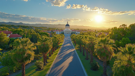 Drone shot of the California State Capitol in picnic green, golden hour, blue sky, palm trees. The California capital building is white with a black roof, with a palm tree-lined street leading to the entrance. Wide-angle, 24mm f/8. --chaos 30 --ar 16:9 --quality 2 --stylize 500 --v 6.1 Job ID: 5d5be73b-6238-44f3-84a4-4263e0bb6e46の素材