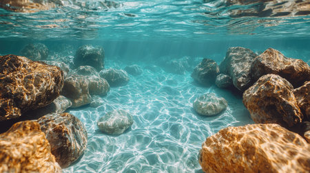 Top view of clear blue water, with crystal rocks on the bottom, sunlight reflection creating a summer vibe. The image has a clean, sharp focus with minimal contrast, showcasing the natural beauty of the scene in neutral colors. --chaos 30 --ar 16:9 --quality 2 --stylize 500 --v 6.1 Job ID: 306d4d90-dbbe-4b71-bfeb-f10b935d6f69の素材