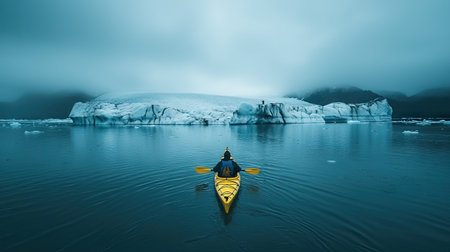 Drone photograph of kayakers in the water next to an ice sheet floating on a lake with a dark grey sky, in Iceland. Award-winning photography. --chaos 30 --ar 16:9 --quality 2 --stylize 500 --v 6.1 Job ID: 1bdc5815-164f-4cbc-aea4-f65f6fd5d26dの素材