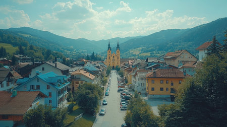 Aerial view of KitzbÃ¼hel in Austria, showing the city's architecture and streets with mountains visible behind it. The town is surrounded by nature and has historic buildings like St. Leonhard Church. It features blue roofs and cars parked on the streets, captured during daylight with bright sunlight creating shadows. A wide shot capturing part or all of downtown KitzbÃ¼hel. --chaos 30 --ar 16:9 --quality 2 --stylize 500 --v 6.1 Job ID: 8138fe7c-6ed2-4d4e-962f-eca2e2a0a5d4の素材