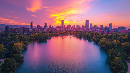 aerial view of turquoise lake in city park, sunset sky with denver skyline in background, golden hour, drone photography, canon eos r5 --chaos 30 --ar 16:9 --quality 2 --stylize 500 --v 6.1 Job ID: 7ad1f9df-79f8-46b2-8e29-6f7fc61d9d29の素材