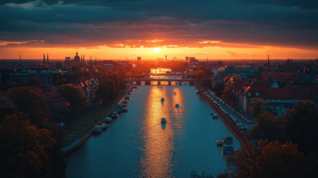 Aerial view of the WÃ¶rbener Bridge in LÃ¼neburg, Germany, with the Elbe River flowing through it and the downtown area of LÃ¼neburg on one side. The bridge is blue-colored with cars driving over it at sunset. In the background, you can see buildings along the riverbank and the cityscape of the city of LÃ¼neburg. --chaos 30 --ar 16:9 --quality 2 --stylize 500 --v 6.1 Job ID: dafe2032-4a54-4e61-9ec1-3c03569d99dbの素材