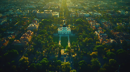 Drone shot of the California State Capitol, a photograph showing an aerial view of the California state capital city. The white Capitol building is in the center of the frame, surrounded by palm trees and greenery. The scene is captured during the golden hour, with a blue sky in the background. --chaos 30 --ar 16:9 --quality 2 --stylize 500 --v 6.1 Job ID: c5ac9c1d-ae35-4ea7-855b-96ef4ff9fc4dの素材