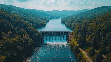 The dam is located on the river, with water flowing under it and green trees around it. The aerial view showcases the magnificent scenery of the river, with boats passing through at high speed, a blue sky, white clouds, and sunshine shining down onto the body of water. This scene presents an idyllic landscape, showcasing nature's beauty in its purest form. Aerial photography technology captures every detail of these majestic structures, creating stunning visual effects that captivate people. --chaos 30 --ar 16:9 --quality 2 --stylize 500 --v 6.1 Job ID: 274b7181-cc07-4d10-bb01-5d73322f6030の素材
