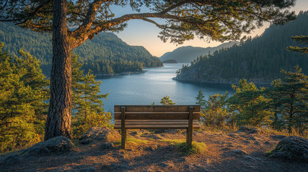 A photo of the view from Vancouver Island: colorful trees, a bench overlooking the water at blue hour, at sunset, at the Gulf Islands. The picturesque scenery and landscapes include an old tree with unique branches in the foreground, a lake visible in the distance, and moss and rocks on the ground. The warm lighting creates a serene environment, with a clear blue sky and bright, detailed textures. This high-resolution image was captured using a Sony Alpha A7 III camera. --chaos 30 --ar 16:9 --quality 2 --stylize 500 --v 6.1 Job ID: 765d0368-4793-4d4c-9d4d-6005175d27f9の素材
